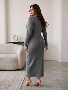 Hourglow Plus Size Waist Defined Knit Midi Dress, High Neck Ribbed Waist Bodycon Sweater Dress - Grey - View 2