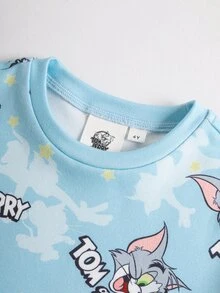 TOM & JERRY X SHEIN Young Boy Cartoon Print Short Sleeve Top And Fitted Shorts Loungewear Set - Blue - View 3