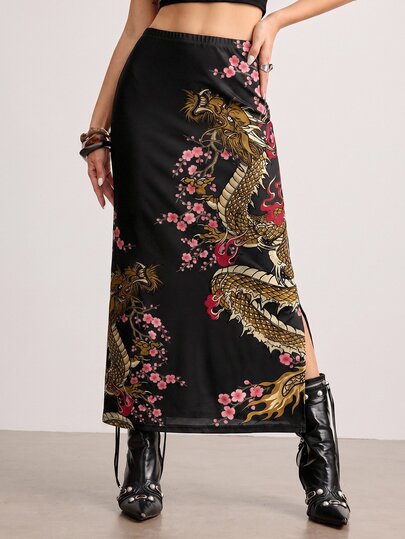 ROMWE Avant Dragon New Chinese Style Dark Punk Pattern Print Sexy High Slit Plus Size Skirt