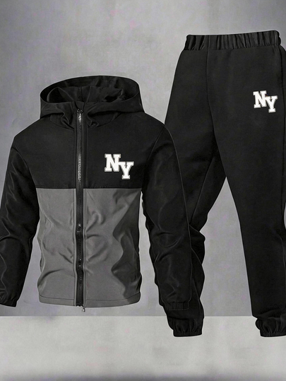 SHEIN 2pcs/Set Teen Boy Casual Sports Graphic Contrast Color Hoodie Jacket And Pants Set,Autumn/Winter
