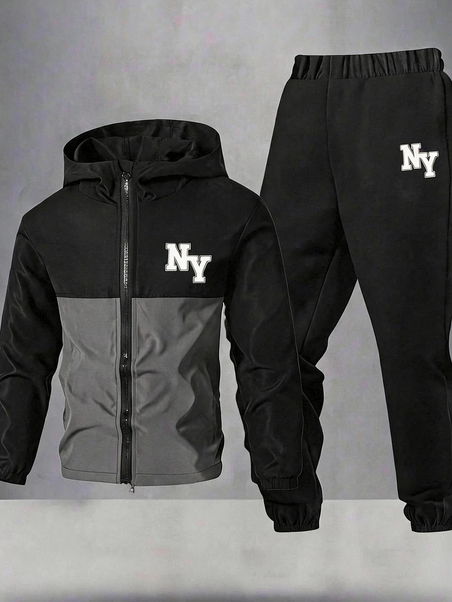 SHEIN 2pcs/Set Teen Boy Casual Sports Graphic Contrast Color Hoodie Jacket And Pants Set,Autumn/Winter