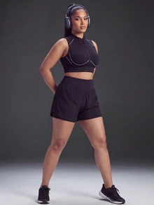 Powerista Women's Plus Size Seamless Black & White Zipper Back Open Back Stand Collar Sports Bra - Black - View 5