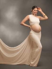 Cheriluna Maternity فستان أنيق بشريط انسيابي لتصوير الحمل، فستان حفلة تعميد الطفل - لون مشمشي - مشاهدة 6