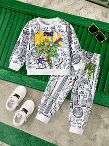 TEENAGE MUTANT NINJA TURTLES | SHEIN 1套 小男孩主題圓領抓絨運動衫與長褲，秋冬室內/戶外穿搭 - 彩色 - 查看 1