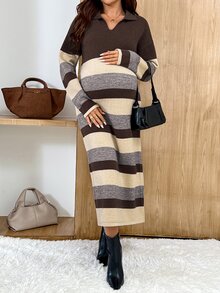SHEIN Gaun Rajut Kasual Lengan Panjang Bergaris dengan Kerah Longgar dan Bahu Jatuh untuk Ibu Hamil, Musim Gugur dan Musim Dingin, Musim Gugur - MultiWarna - View 3