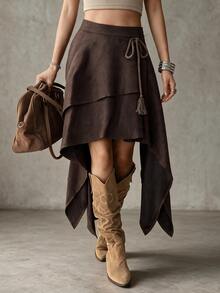 Livesso Women's Solid Color Casual Boho Western Versatile Daily Skirt Autumn Work Everyday Dark Brown - Coffee Brown - View 1