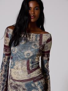 MUSERA Graphic Printed Off Shoulder Ruched Mini Dress Summer Autumn Fall Winter  Going Out Festival Cool Girl Low Frequency - Multicolor - View 5
