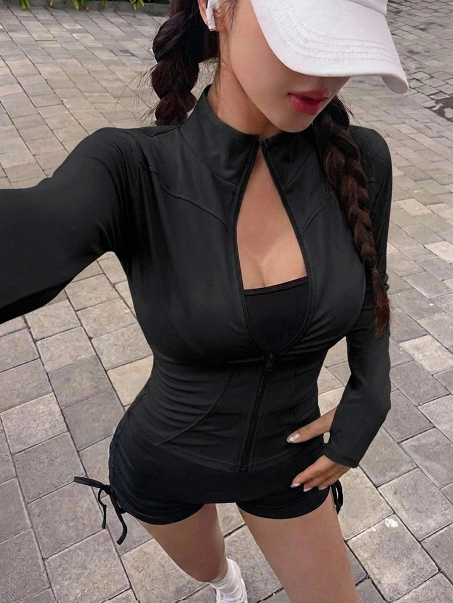 DAZY 女款純色彈性小立領修身長袖夾克,運動休閒,春秋款 - 黑色 - 查看 1