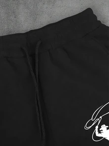 Manfinity EMRG 男士字母印花抽繩腰口袋休閒寬鬆運動長褲 - 黑色 - 查看 6