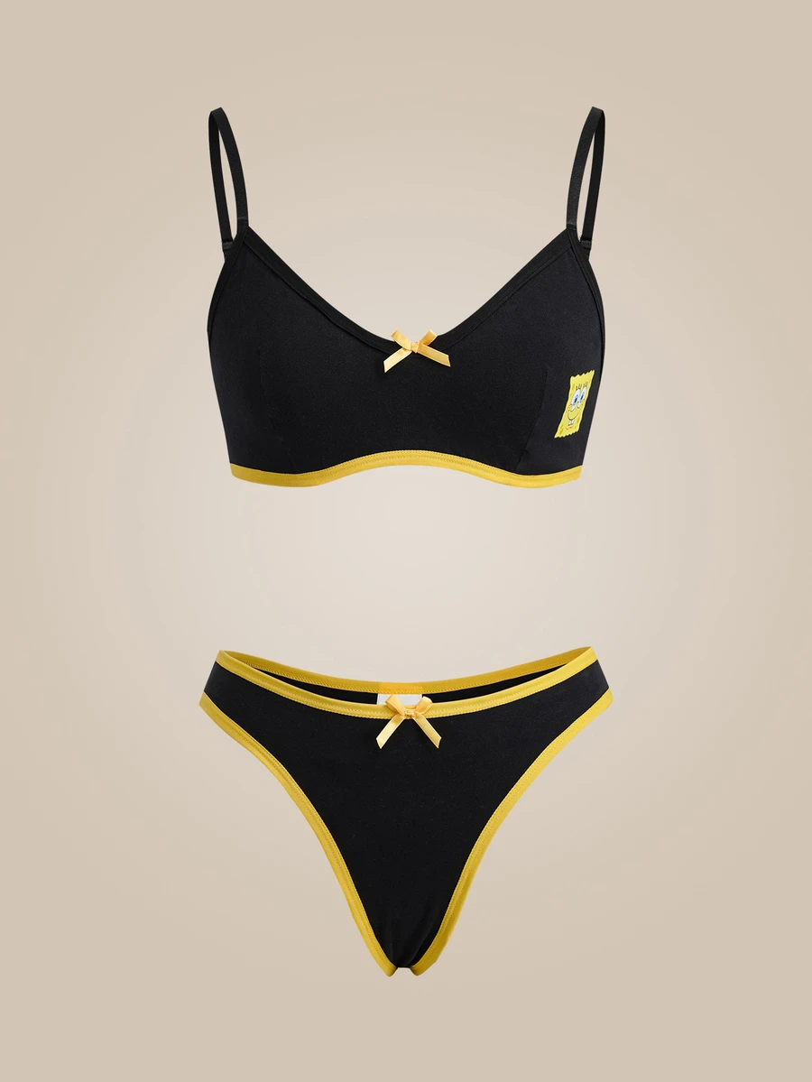 SpongeBob SquarePants | SHEIN Bow Decor Comfortable Lingerie Set - Black - View 1