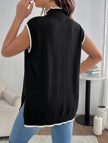 SHEIN 孕婦秋冬休閒拼接飾邊側開衩針織背心 - 黑與白 - 查看 2