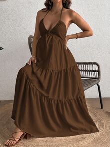 Cheriluna Maternity Comfortable Halter Backless Maternity Dress - Rust Brown - View 4