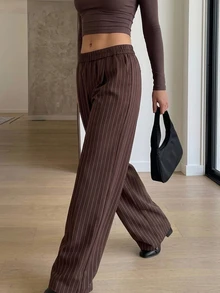 Strévra Women's Striped Casual Versatile Daily Wear Long Pants Fall - Burgundy - View 4
