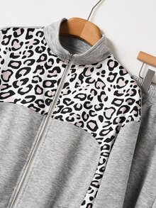 Rusticease Women's Leopard Print Patchwork Jacket & Pants 2 Pieces Set - Grey - View 3