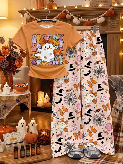 SHEIN Cute Sweet Orange Halloween Little Ghost Pumpkin Ghost Print, Bow Candy Floral, Tween Girls T-Shirt And Long Pants Knit 2-Piece Set Casual Daily Fashion Versatile Quirky Cute, Tween Girl Halloween Graphic
