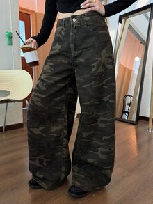 DAZY Celana Jeans Wanita Hitam Motif Kamuflase dengan Potongan Lurus Longgar, Model Street Casual, Musim Gugur - Hijau Tentara - View 4