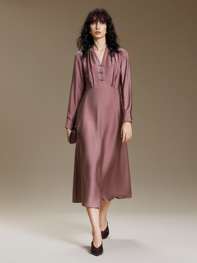 Ontre 2026 Autumn/Winter New Lotus Pink Waist-Cinching Elegant Mid-Length Dress, Modern Elegant Wedding Guest Outfit, Minimalist Romantic French Luxury Texture, Urban Fashion Business Casual Women's Clothing, Office Wear, Low-Key Old Money Style, High-End Urban Commute Women's Apparel