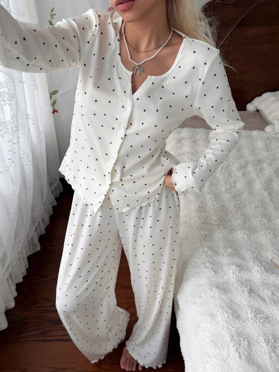 CottageSlumber Women's 2-Piece Pajama Set With Button-Front V-Neck Heart Print Long Sleeve Top And Long Pants - Beige - View 1