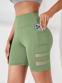 SHEIN Sports 網格拼接高腰無縫運動短褲（附口袋） - 綠色 - 查看 6