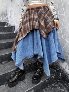 Jeanoix Plus Size Plaid Patchwork Asymmetric Hem Denim Skirt - Multicolor - View 5