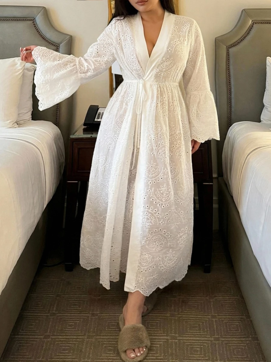 Dazy Plus Elegant Tie V-Neck Flared Sleeve Long White Loungewear Robe - White - View 1