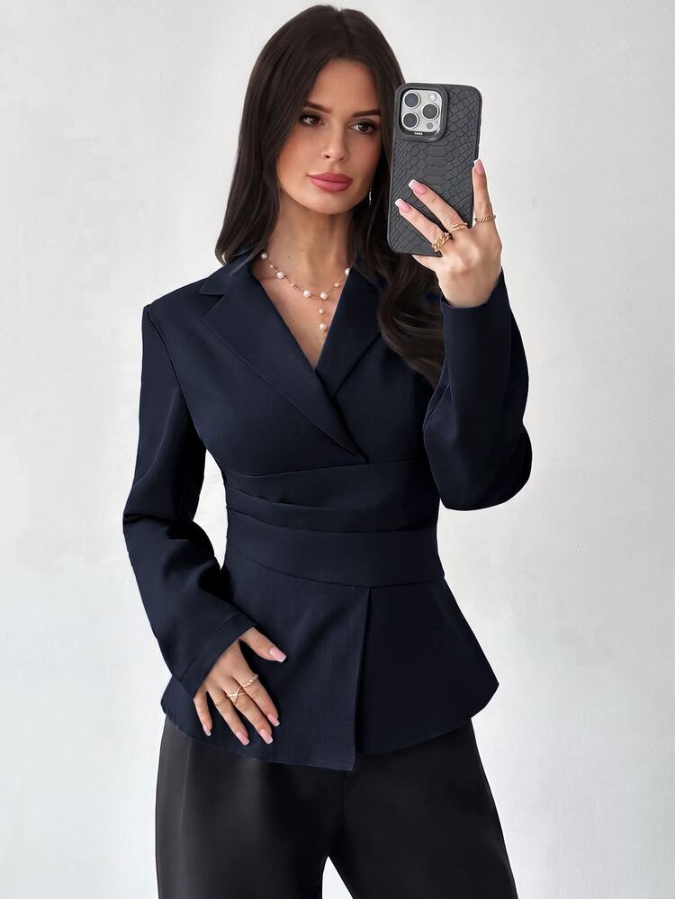 Firerie Women's Solid Color Lapel NeckLong Sleeve Waist Pleated Design Elegant Blazer - Navy Blue - View 4