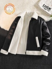 SHEIN 兒童青少年男孩休閒運動街頭風抓絨內裡加厚拼接撞色黑色皮革機車夾克外套，舒適日常百搭時尚復古風，適合通勤上學日常休閒度假旅行運動，秋冬款 - 黑色 - 查看 1