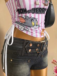 TOM & JERRY X SHEIN SHEIN EZwear 女款拼色條紋卡通印花側抽繩平口上衣 - 彩色 - 查看 5