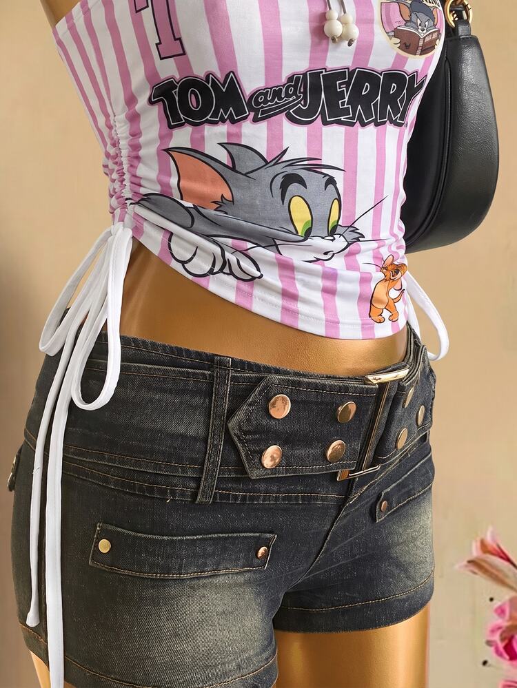 TOM & JERRY X SHEIN SHEIN EZwear Women's Colorblock Striped Cartoon Print Side Drawstring Bandeau Top - Multicolor - View 5