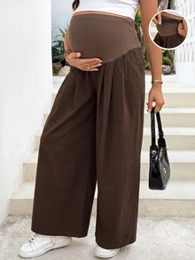 SHEIN 孕婦可調腰圍拼色休閒日常牛仔褲 - 棕色 - 查看 5