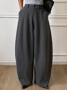 DAZY Solid Color Loose Split Curved Leg Pants Casual Street Style Korean Autumn/Winter Thickened Long Pants For Women - Grey - View 1