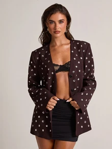 SHEIN BAE Blazer Wanita Berhiaskan Stud, Modis, Serbaguna untuk Perjalanan dan Berkomuter. - Coklat - View 3