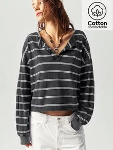 Bohemela Women's Striped Drop Shoulder Long Sleeve Casual Loose Sweatshirt - Black and White - View 5
