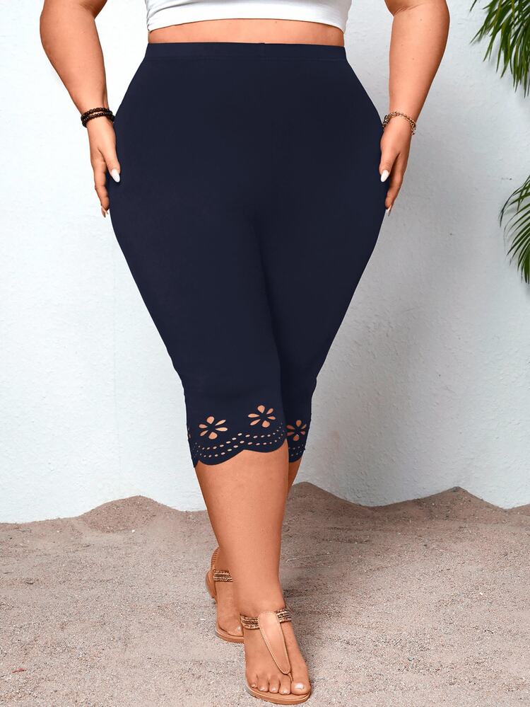 SHEIN CURVE+ Plus Size Women's Black Hollow Out Tight-Fitting Leggings - Navy Blue - View 4