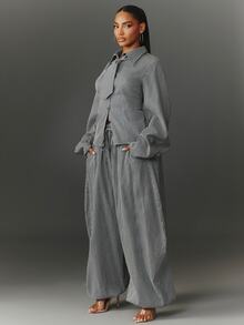 NYA SZN Setelan Kasual Wanita Lengan Panjang Bergaris dan Celana Panjang untuk Sehari-hari - Navy Blue - View 6