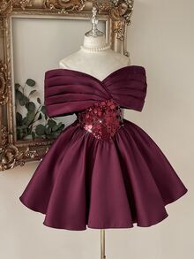 Lovelzi Elegant Romantic Fashionable Angola Red Satin Sequin Patchwork Strapless Off-Shoulder Adjustable Back Flared Short Party Dress, Wedding Guest Dress, Deep Red Dress, Bachelorette Party, Ball Gown - Burgundy - View 8
