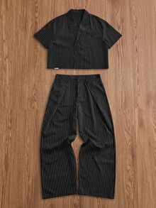 SWAVVY Men's Striped Shirt And Suit Pants Set - Black - View 3