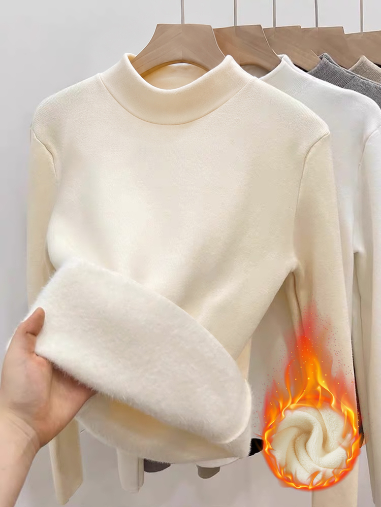 SHEIN Holidaya 女款冬季立領保暖內裡修身底層上衣 - 杏色 - 查看 1