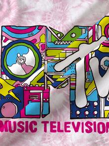 MTV | SHEIN تي شيرت بياقة دائرية وأكمام قصيرة بطبعة كرتونية للفتيات المراهقات للارتداء اليومي - أبيض - مشاهدة 7