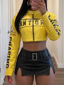 Slaydiva 女款性感辣妹短版字母印花長袖夾克 - 黃色 - 查看 5