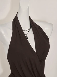 SHEIN ICON 女款素色百褶重疊V領休閒掛脖背心上衣 - 棕色 - 查看 5
