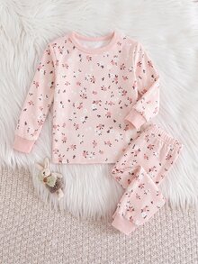 SHEIN 女嬰可愛休閒針織碎花長袖修身家居服套裝 2件組 - 粉色 - 查看 1