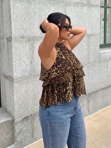 Firerie Plus Size Women's Leopard Print Multi-Layer Ruffle Halter Neck Fashion Blouse - Multicolor - View 5