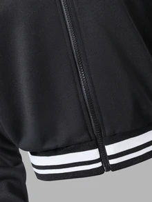 SHEIN 青少年女孩秋季套裝 秋季上衣 美式運動休閒時尚 針織面料連帽衛衣 配對色羅紋胸前設計 - 黑色 - 查看 7