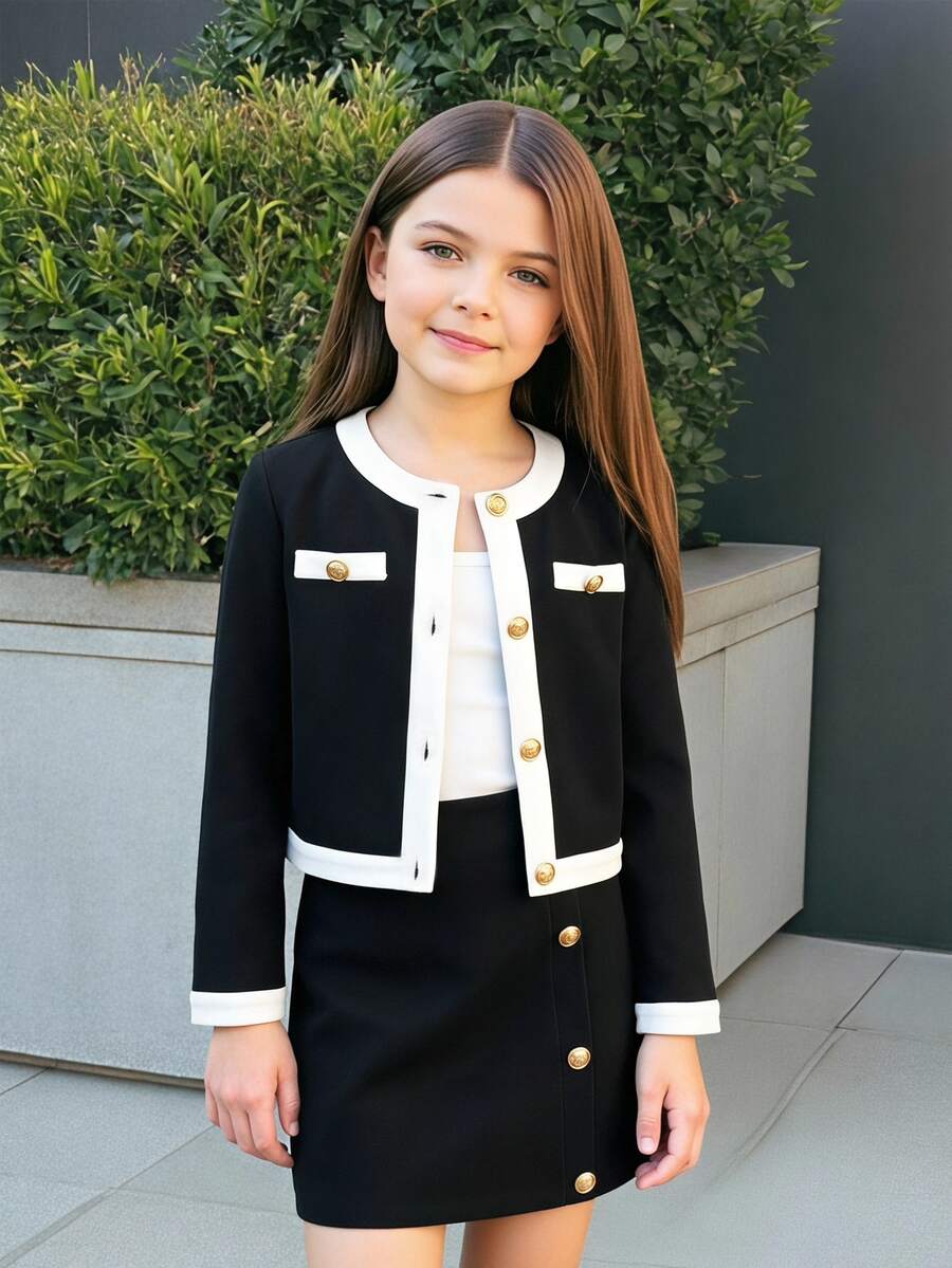 青少年女孩秋冬都市時尚復古拼色拼接長袖夾克與裙子套裝，適合返校與日常出遊 - 黑色 - 查看 1