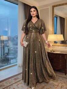 Auveirra Plus Size Women's Colorblock Casual Party Dress - Gold - View 1