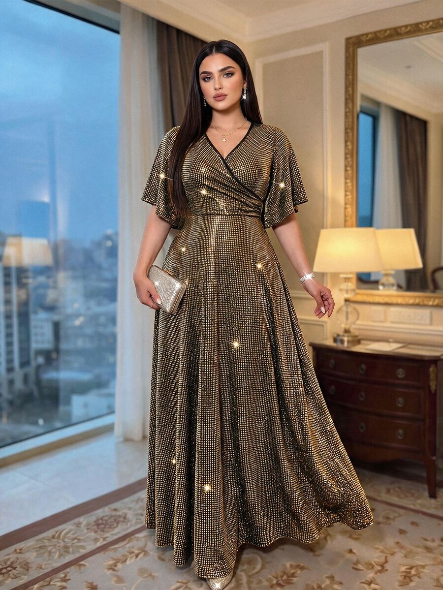 Auveirra Plus Size Women's Colorblock Casual Party Dress - Gold - View 1