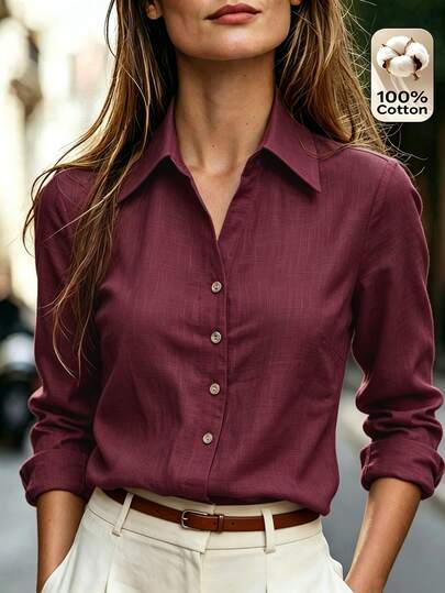 Louniche Women's Burgundy Button Down Shirt, Long Sleeve Collared Blouse,  Elegant Versatile Slimming Top, Spring/Autumn