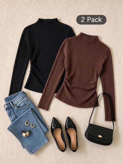 Everyssa 2pcs Brown+Black Semi-High Neck Ribbed Brushed Base Layer Tops, Side Ruched Slim Fit Cropped Long Sleeve Knit Innerwear, Elegant Commuter Style, Pure Desire Slim Fit Style, Minimalist Korean Elegant Style, Suitable For Office Blazer/Coat Innerwear, Daily Commute/Shopping, Couple Dates, Autumn/Winter Outerwear Layering, Home Wear