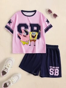 SpongeBob SquarePants | SHEIN Tween Girl Cartoon Print T-Shirt & Shorts Set - Pink - View 1